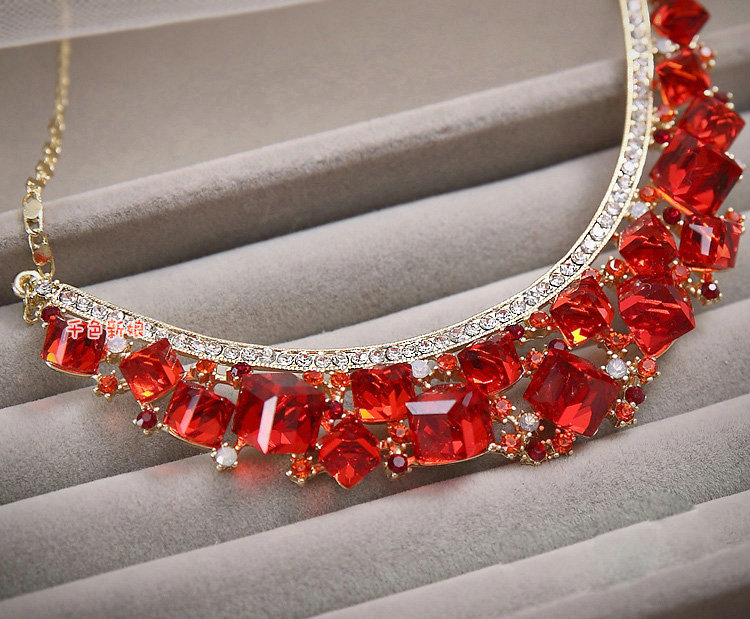 Elegant Bride Wedding Alloy Square Red Rhinestone Crystal Necklace Earrings Set Bridal Party Gift