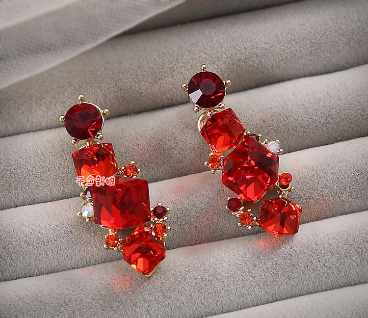 Elegant Bride Wedding Alloy Square Red Rhinestone Crystal Necklace Earrings Set Bridal Party Gift