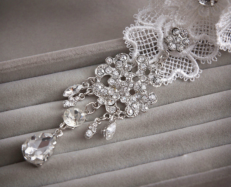 Elegant Bride Wedding Lace Flower Rhinestone Crystal Necklace Earrings Set Bridal Jewelry