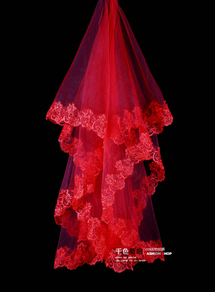Elegant Cathedral 300cm Long Handmade Red Lace Flower Bridal Wedding Veil Bride Deco