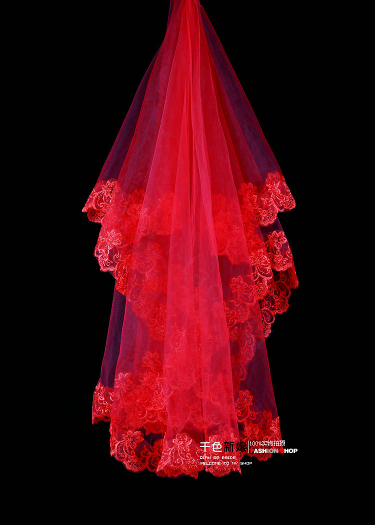 Elegant Cathedral 300cm Long Handmade Red Lace Flower Bridal Wedding Veil Bride Deco