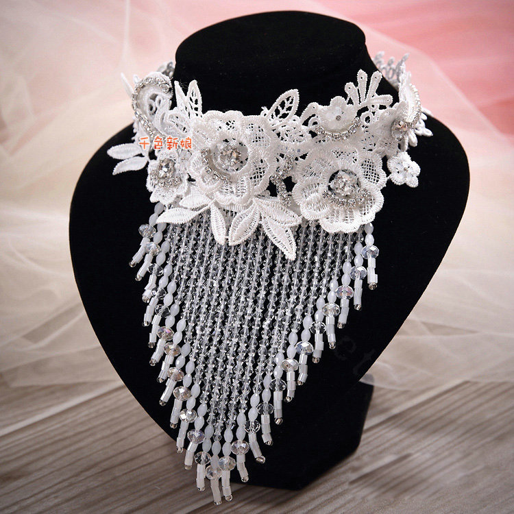 Elegant Shining Rhinestones Crystal Lace Flower Tassel Shoulder Deco Necklace Wedding Bridal Jewelry