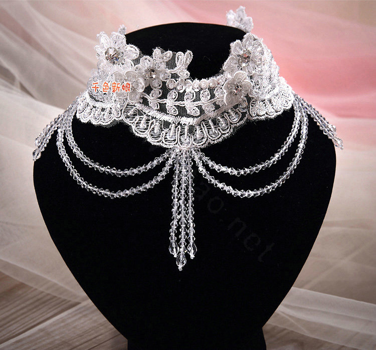 Elegant Shining Rhinestones Lace Flower Tassel Shoulder Deco Necklace Wedding Bridal Jewelry