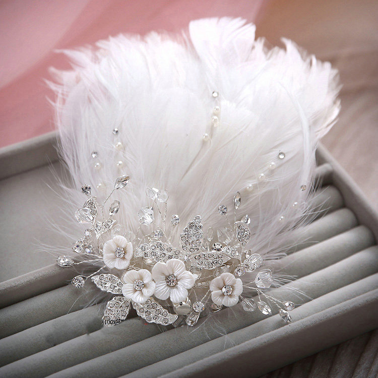 Elegant Wedding Hair Clip Jewelry By hand Crystal Beads Flower Feather Bridal Hair Pin Accessories