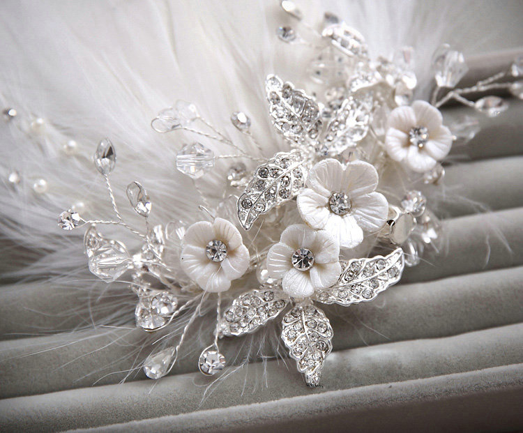 Elegant Wedding Hair Clip Jewelry By hand Crystal Beads Flower Feather Bridal Hair Pin Accessories
