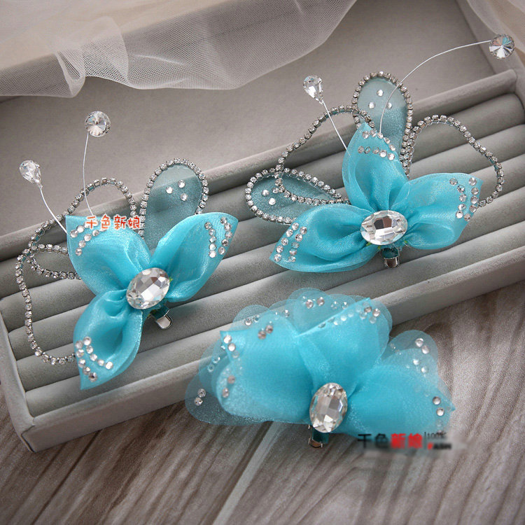 Elegant Wedding Hair Clip Jewelry By hand Crystal Blue Tulle Flower Bridal Hair Pin Accessories