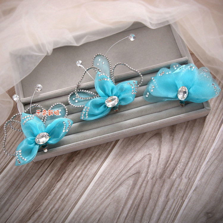 Elegant Wedding Hair Clip Jewelry By hand Crystal Blue Tulle Flower Bridal Hair Pin Accessories