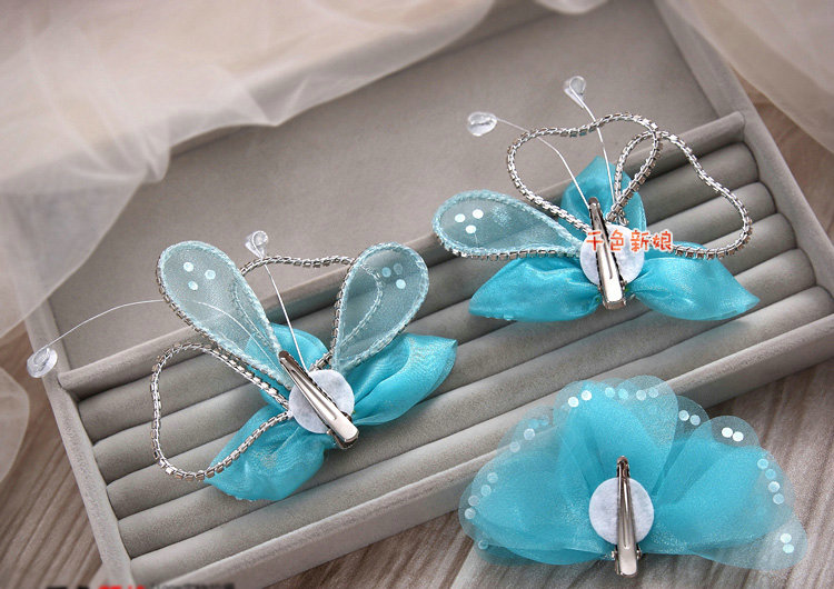 Elegant Wedding Hair Clip Jewelry By hand Crystal Blue Tulle Flower Bridal Hair Pin Accessories