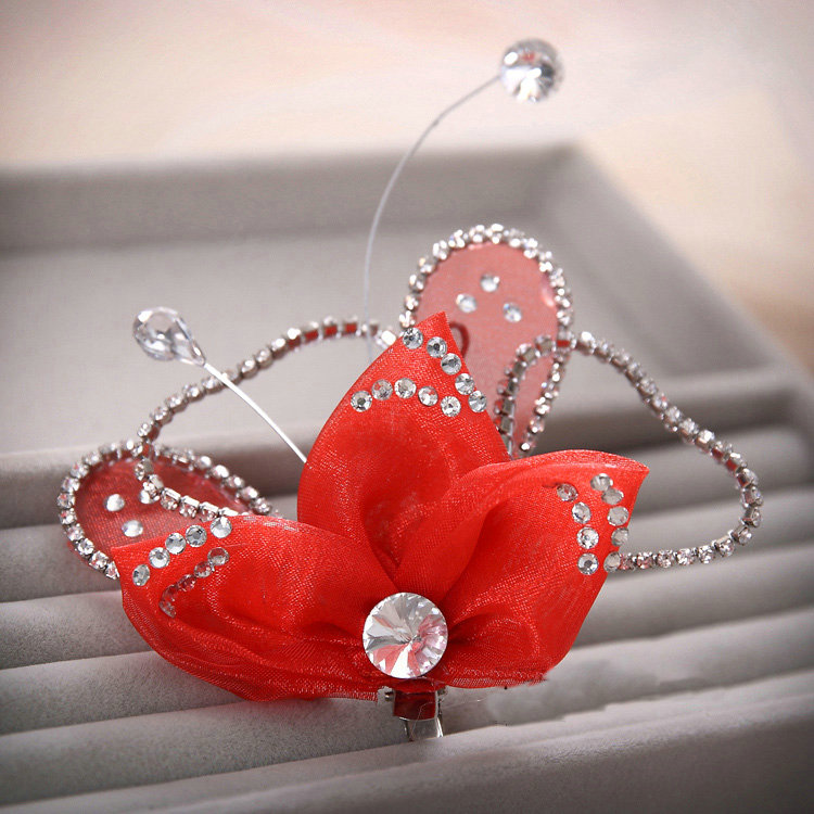 Elegant Wedding Hair Clip Jewelry By hand Crystal Red Tulle Flower Bridal Hair Pin Accessories