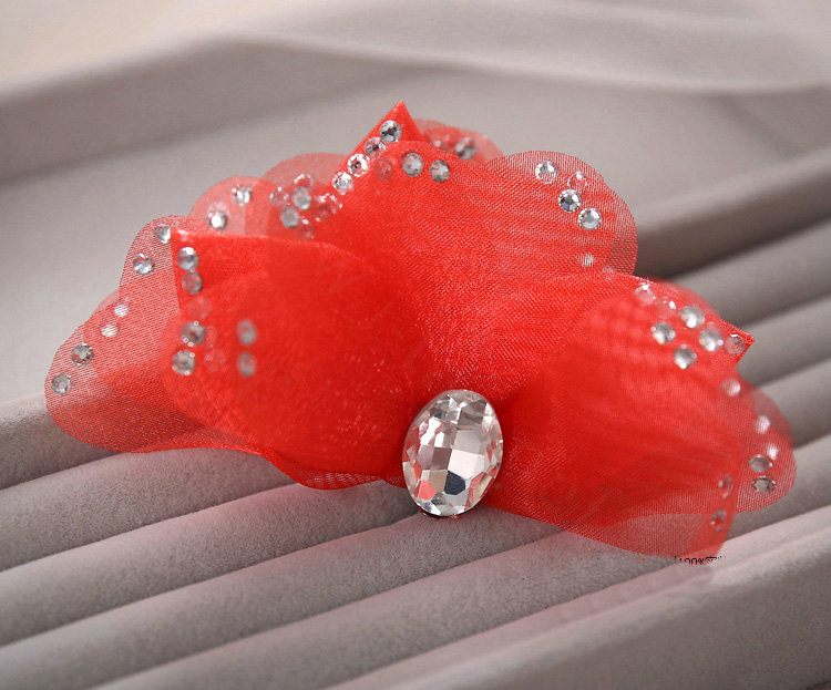 Elegant Wedding Hair Clip Jewelry By hand Crystal Red Tulle Flower Bridal Hair Pin Accessories