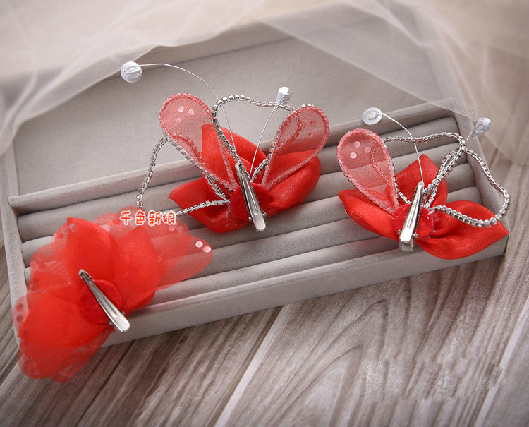 Elegant Wedding Hair Clip Jewelry By hand Crystal Red Tulle Flower Bridal Hair Pin Accessories