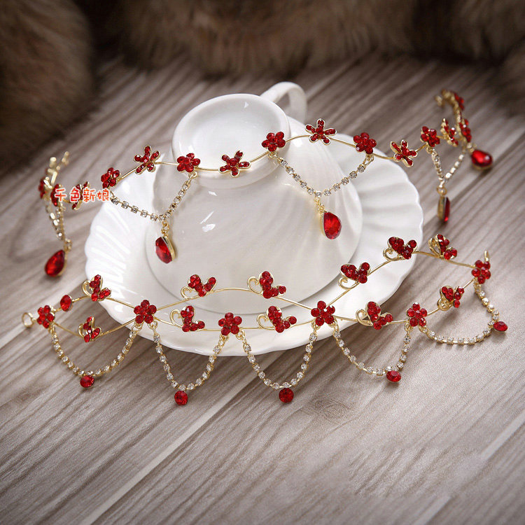 Elegant Wedding Headdress Jewelry Red Crystal Flower Pendant Bridal Headband Hair Accessories