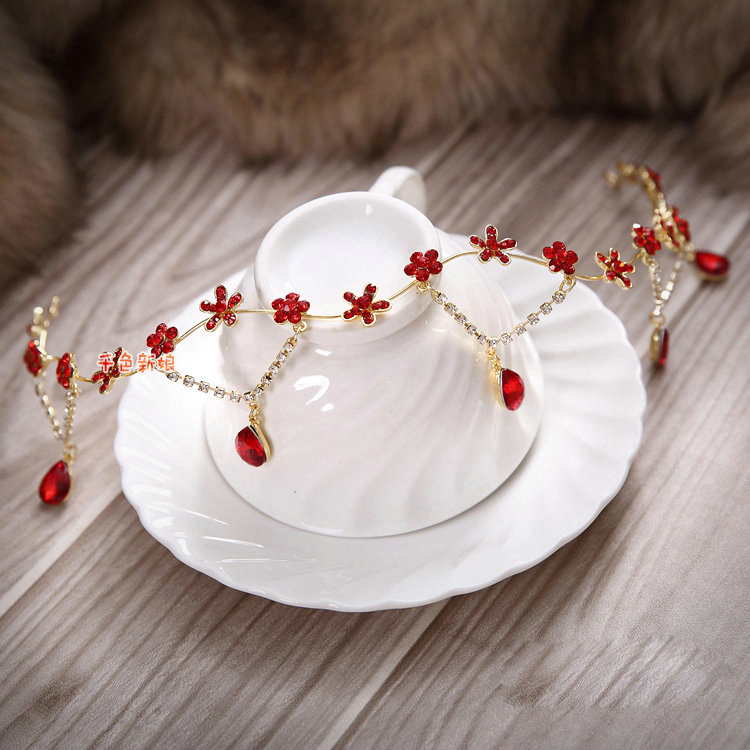 Elegant Wedding Headdress Jewelry Red Crystal Flower Pendant Bridal Headband Hair Accessories