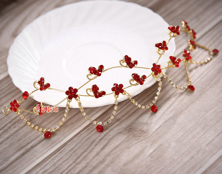 Elegant Wedding Headdress Jewelry Red Crystal Flower Pendant Bridal Headband Hair Accessories