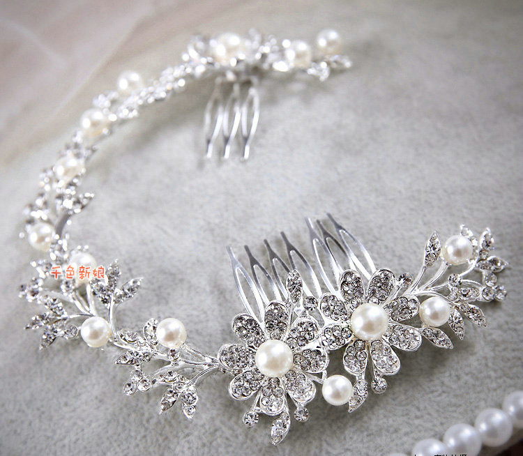 Elegant Wedding Headdress Pearl Flower Crystal Rhinestone Bridal Headband Hair Comb Accessories