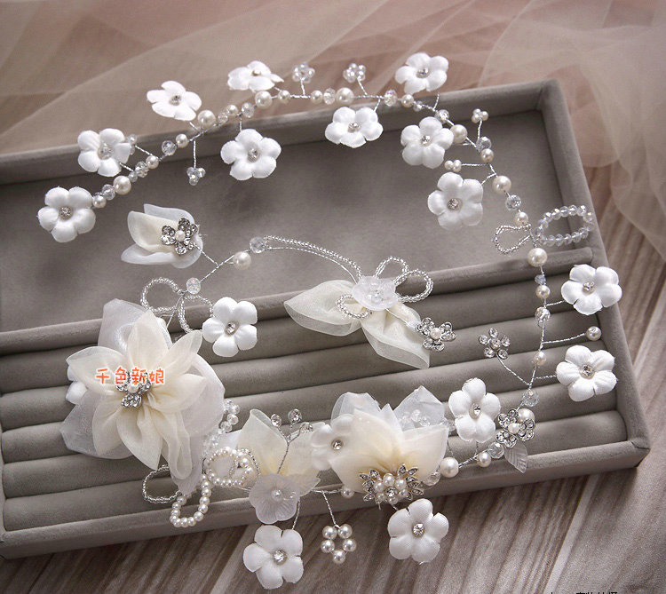 Elegant Wedding Headdress Pearl Rhinestone Crystal Tulle Flower Bridal Headband Hair Accessories