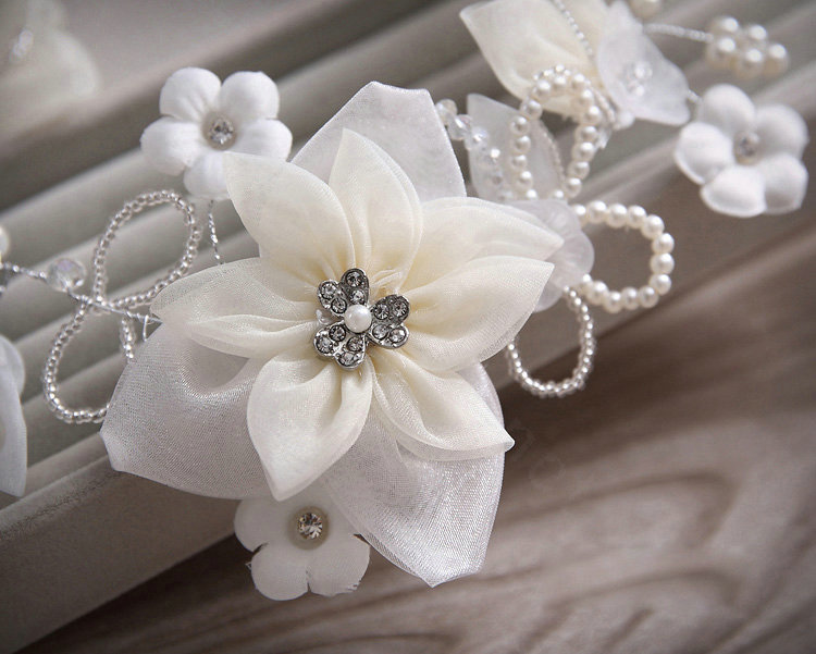 Elegant Wedding Headdress Pearl Rhinestone Crystal Tulle Flower Bridal Headband Hair Accessories