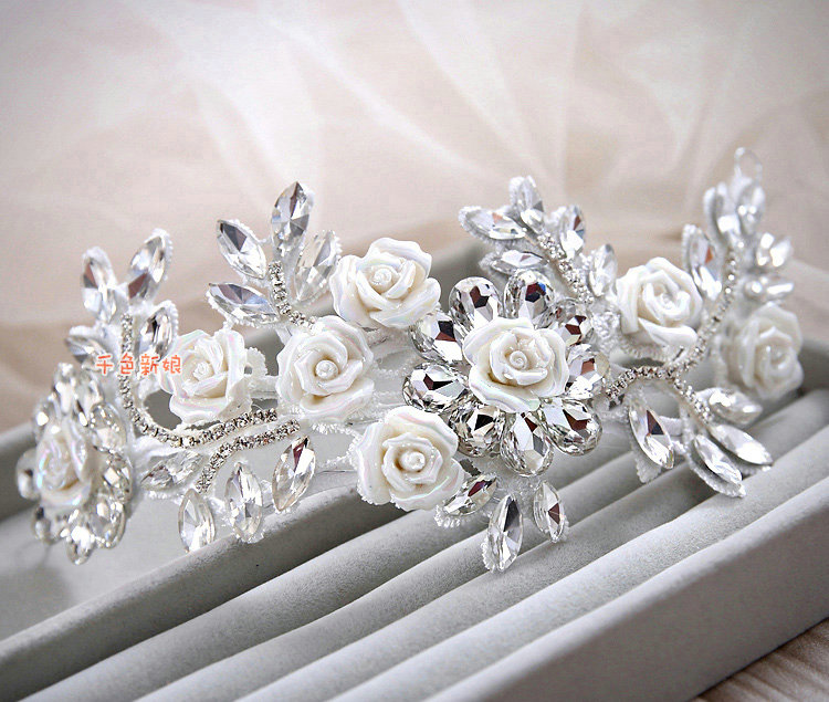 Elegant Wedding Headdress Porcelain Flower Crystal Rhinestone Bridal Headband Hair Accessories