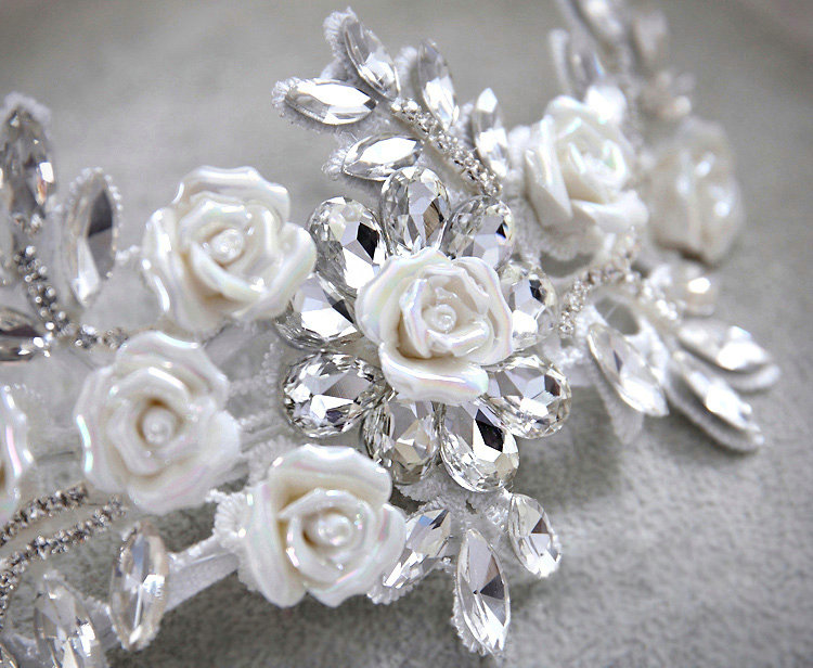 Elegant Wedding Headdress Porcelain Flower Crystal Rhinestone Bridal Headband Hair Accessories