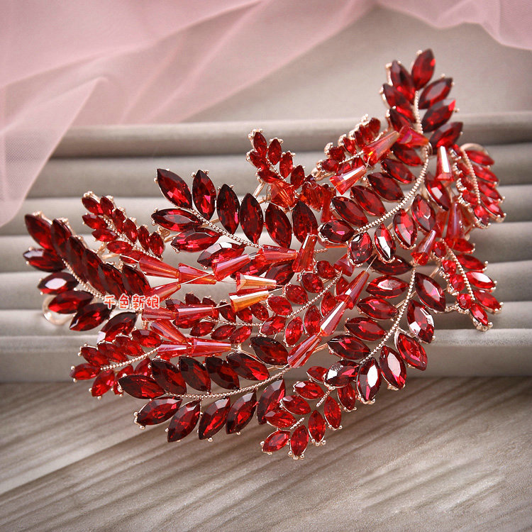 Elegant Wedding Headdress Red Crystal Beads Flower Rhinestone Bridal Headband Hair Accessories