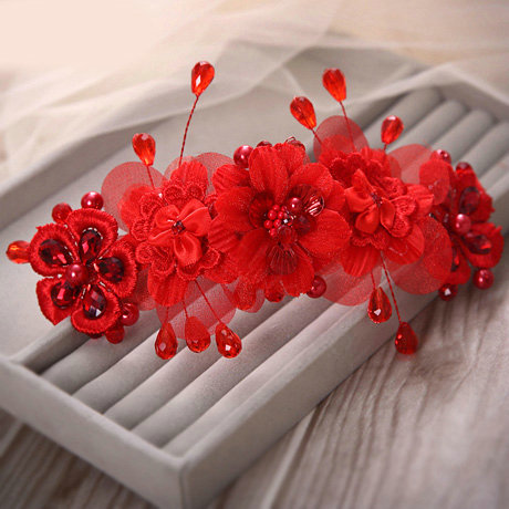 Elegant Wedding Headdress Red Rhinestone By hand Lace Flower Bridal Headband Hair Accessories