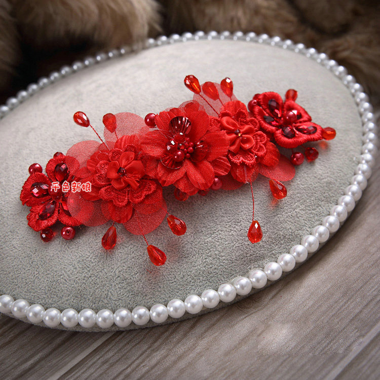 Elegant Wedding Headdress Red Rhinestone By hand Lace Flower Bridal Headband Hair Accessories