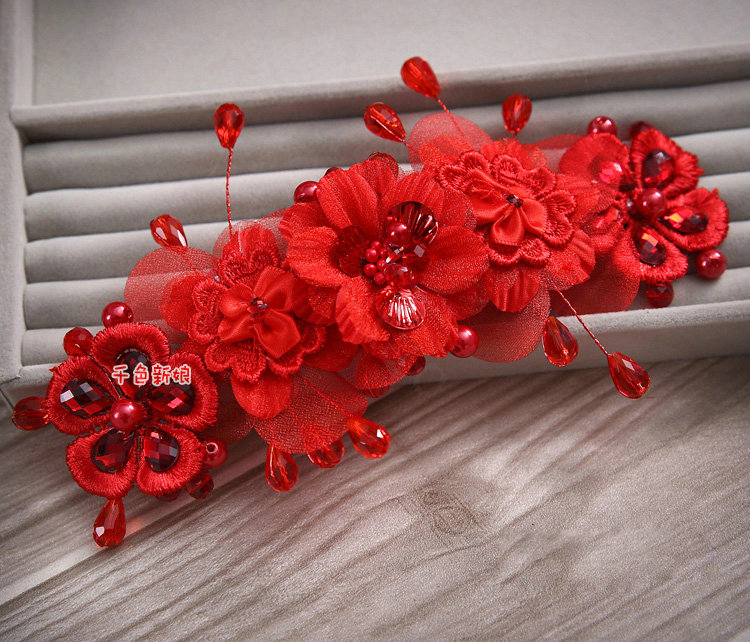 Elegant Wedding Headdress Red Rhinestone By hand Lace Flower Bridal Headband Hair Accessories