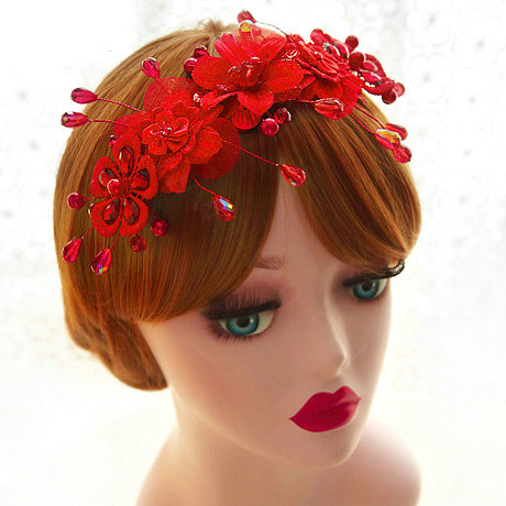 Elegant Wedding Headdress Red Rhinestone By hand Lace Flower Bridal Headband Hair Accessories