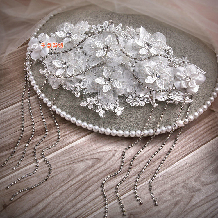 Elegant Wedding Headdress Rhinestone By hand Lace Flower Tassel Bridal Headband Hair Accessories
