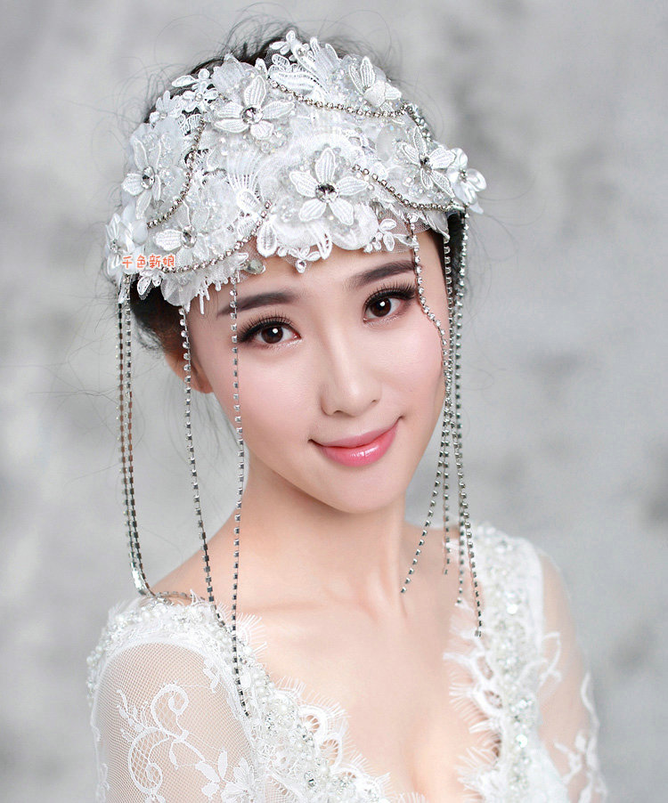 Elegant Wedding Headdress Rhinestone By hand Lace Flower Tassel Bridal Headband Hair Accessories