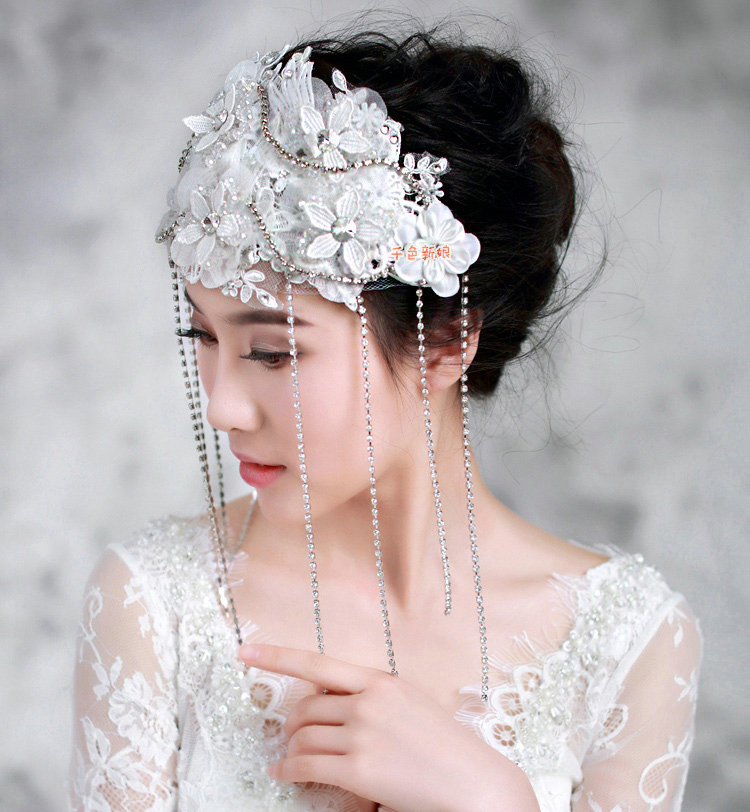 Elegant Wedding Headdress Rhinestone By hand Lace Flower Tassel Bridal Headband Hair Accessories