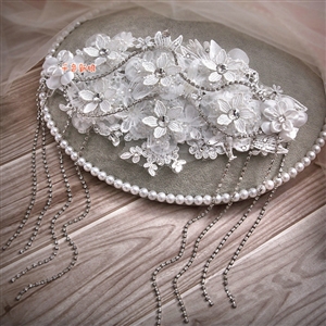 Elegant Wedding Headdress Rhinestone By hand Lace Flower Tassel Bridal Headband Hair Accessories