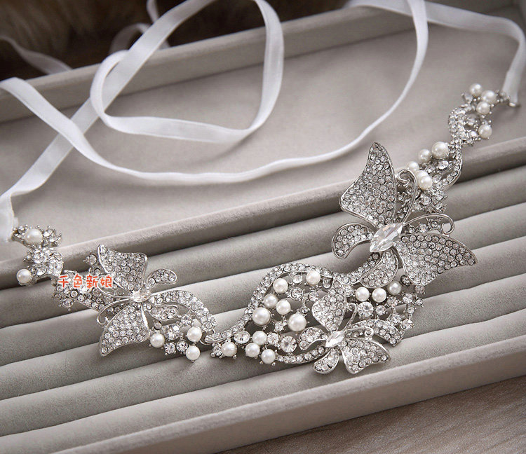 Elegant Wedding Headdress Rhinestone Crystal Pearl Butterfly Bridal Headband Ribbon Hair Accessories