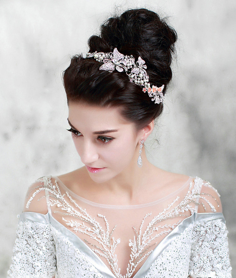 Elegant Wedding Headdress Rhinestone Crystal Pearl Butterfly Bridal Headband Ribbon Hair Accessories