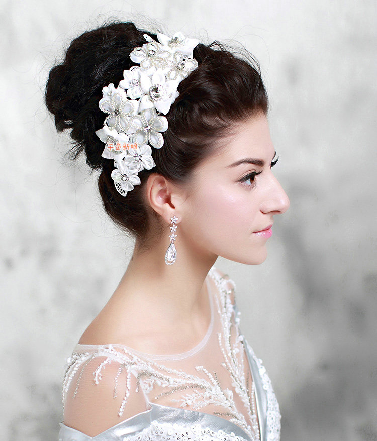 Elegant Wedding Headdress White Rhinestone By hand Lace Flower Bridal Headband Hair Accessories