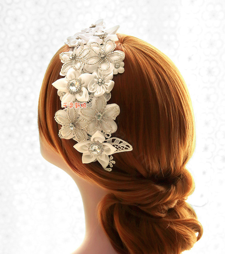 Elegant Wedding Headdress White Rhinestone By hand Lace Flower Bridal Headband Hair Accessories