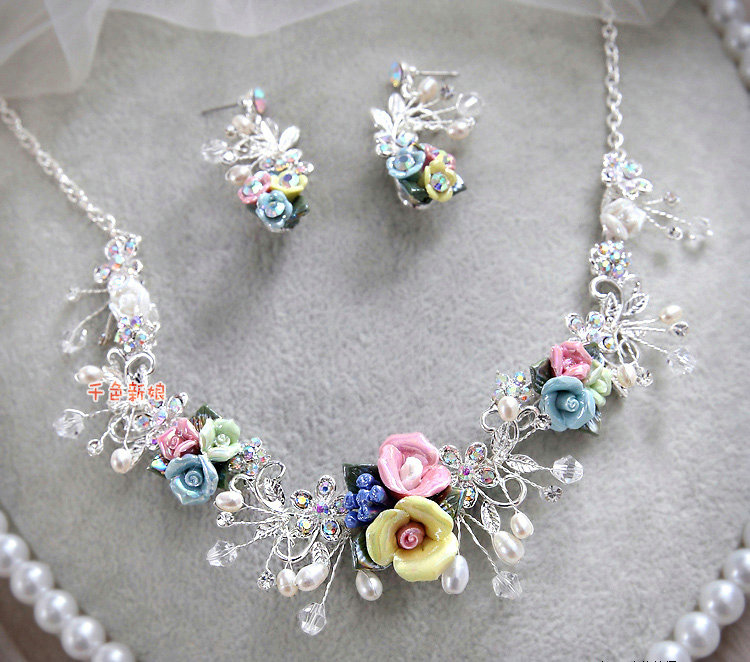 Elegant Wedding Jewellery Colour Porcelain Flower Crystal Rhinestone Bridal Necklace Earrings Sets