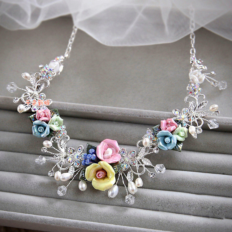 Elegant Wedding Jewellery Colour Porcelain Flower Crystal Rhinestone Bridal Necklace Earrings Sets