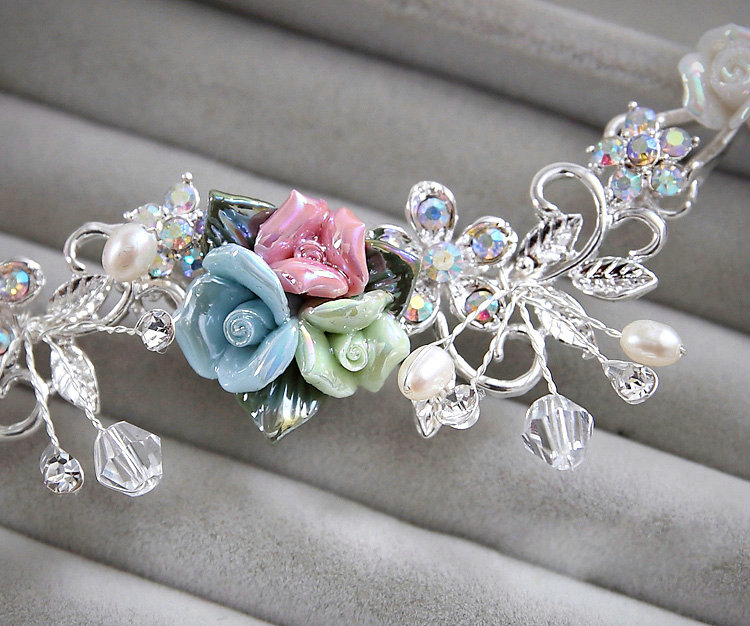 Elegant Wedding Jewellery Colour Porcelain Flower Crystal Rhinestone Bridal Necklace Earrings Sets