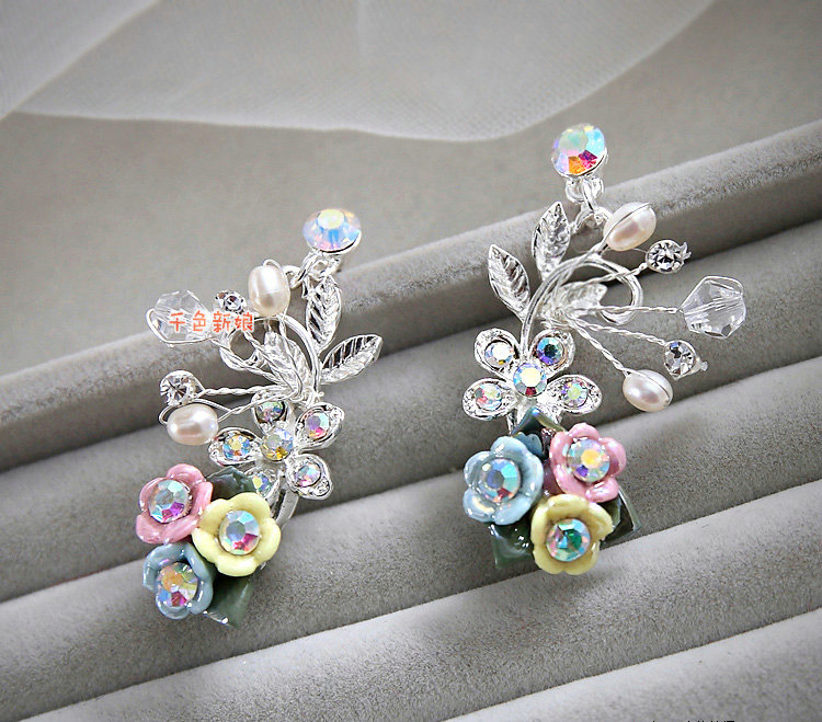 Elegant Wedding Jewellery Colour Porcelain Flower Crystal Rhinestone Bridal Necklace Earrings Sets
