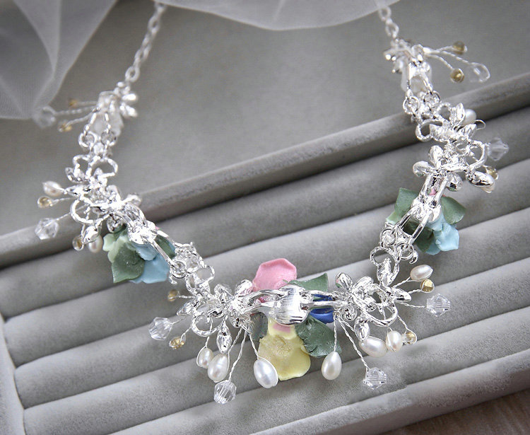 Elegant Wedding Jewellery Colour Porcelain Flower Crystal Rhinestone Bridal Necklace Earrings Sets