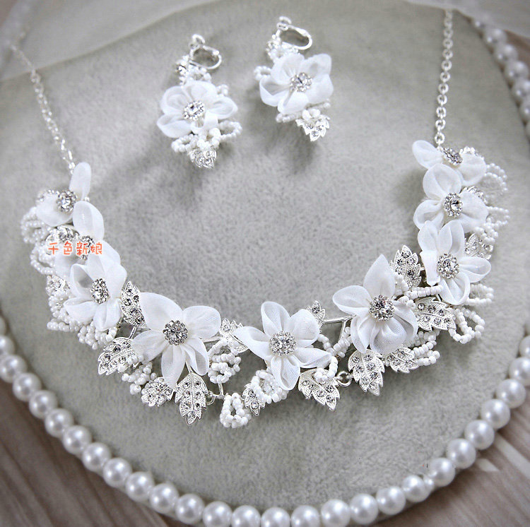 Elegant Wedding Jewellery Tulle Flower Crystal Rhinestone Bridal Necklace Earrings Sets