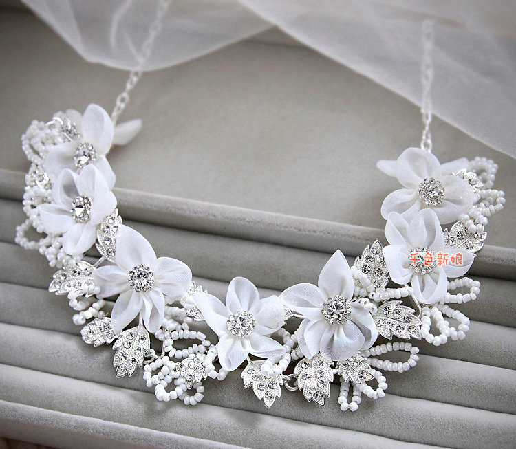 Elegant Wedding Jewellery Tulle Flower Crystal Rhinestone Bridal Necklace Earrings Sets