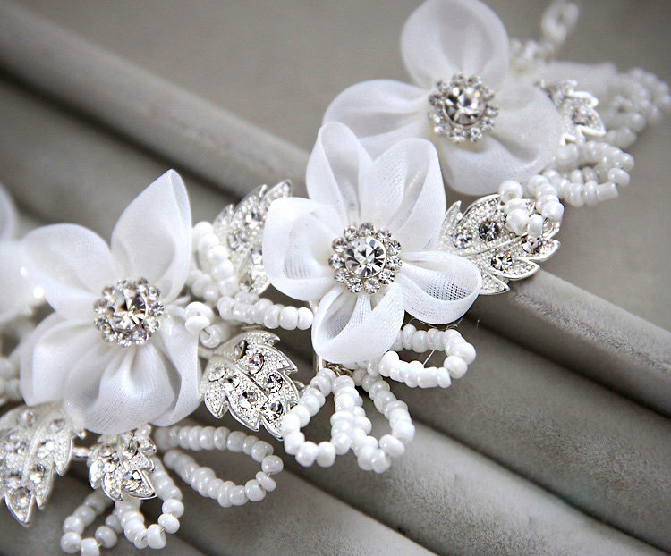 Elegant Wedding Jewellery Tulle Flower Crystal Rhinestone Bridal Necklace Earrings Sets