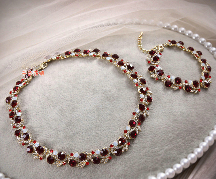 Elegant Wedding Red Gem Alloy Rhinestone Crystal Necklace Earrings Bracelet Set Bridal Party Gift