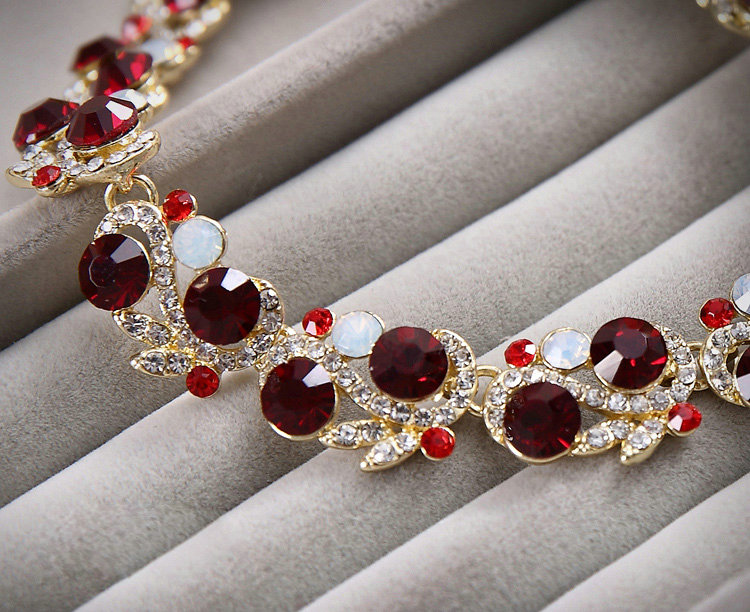 Elegant Wedding Red Gem Alloy Rhinestone Crystal Necklace Earrings Bracelet Set Bridal Party Gift