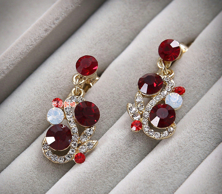 Elegant Wedding Red Gem Alloy Rhinestone Crystal Necklace Earrings Bracelet Set Bridal Party Gift