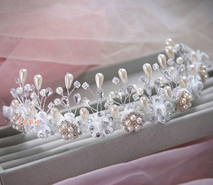 Elegant Wedding Rhinestone Pearl Crystal Beads Lace Flower Tiaras Bridal Crown Hair Accessories