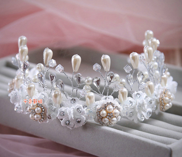 Elegant Wedding Rhinestone Pearl Crystal Beads Lace Flower Tiaras Bridal Crown Hair Accessories