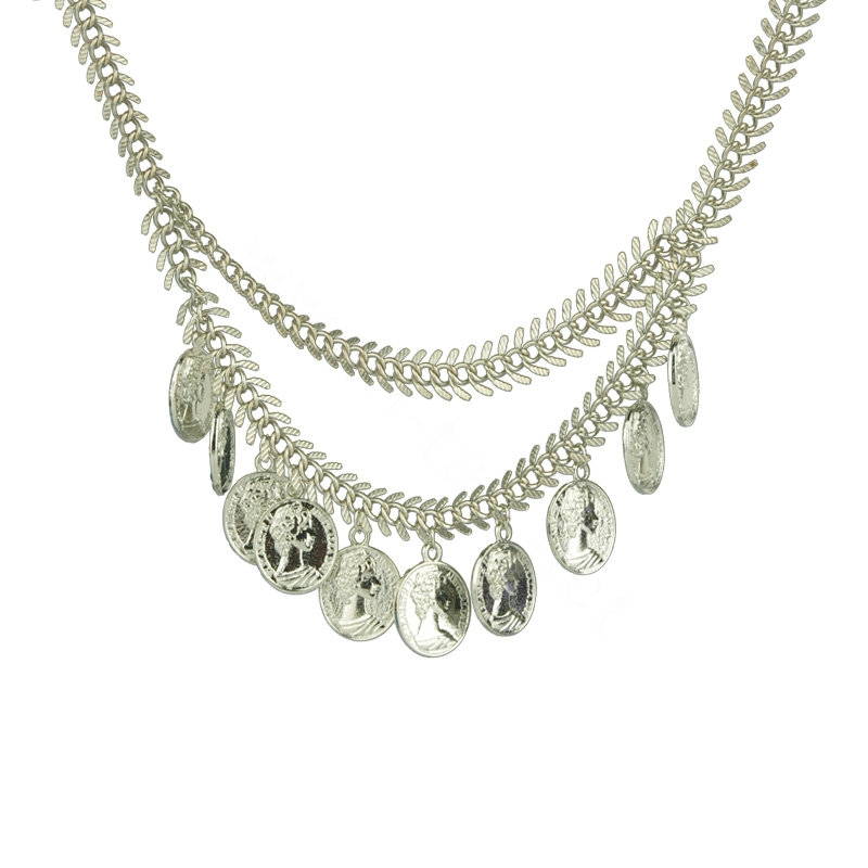 Europe Fashion Retro Women Two-layer Silver Gold-plated Metal Fishbone Chain Tassel Coin Punk Bib Necklace